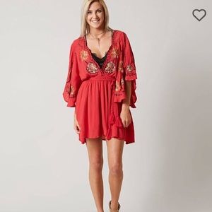 Free People Cora dress red NWT S feminine embroidered tassel tied wrap dress